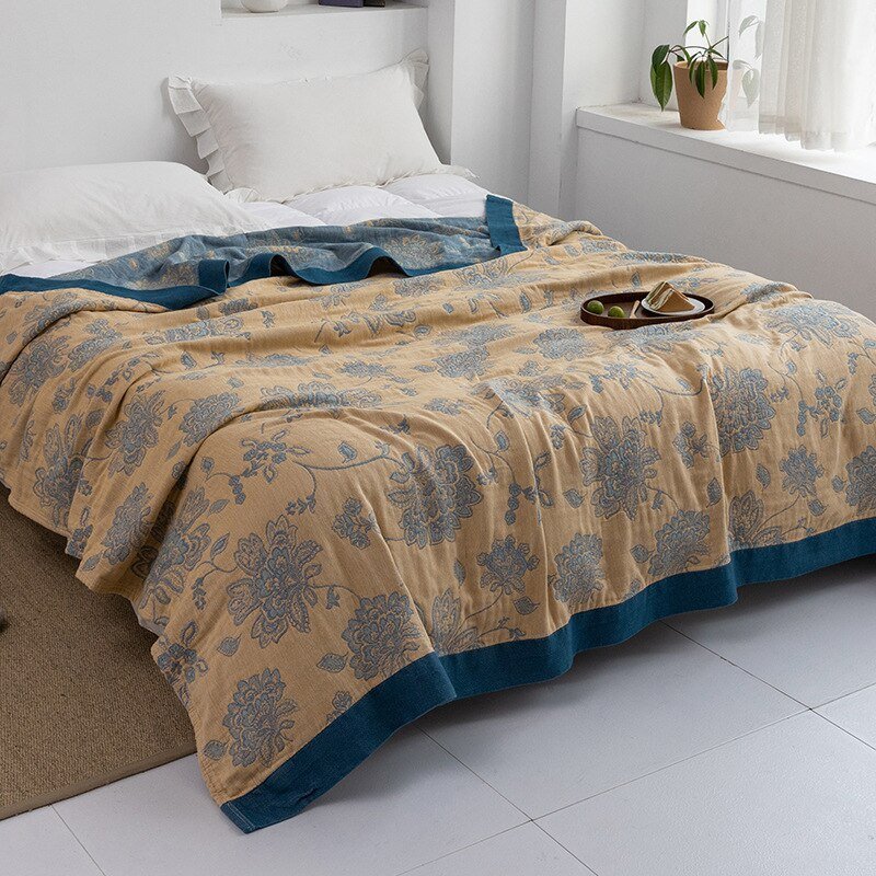 Premium Katoenen Deken met Japans Design – Elegante Warmte & Luxe Comfort voor Thuis-Blankets-DeWoonVallei-Bloemengeel + blauw-150x200cm-DeWoonVallei