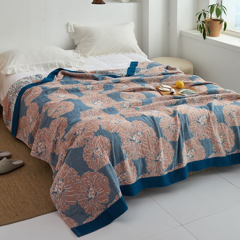 Premium Katoenen Deken met Japans Design – Elegante Warmte & Luxe Comfort voor Thuis-Blankets-DeWoonVallei-Geruit blauw + roze-150x200cm-DeWoonVallei