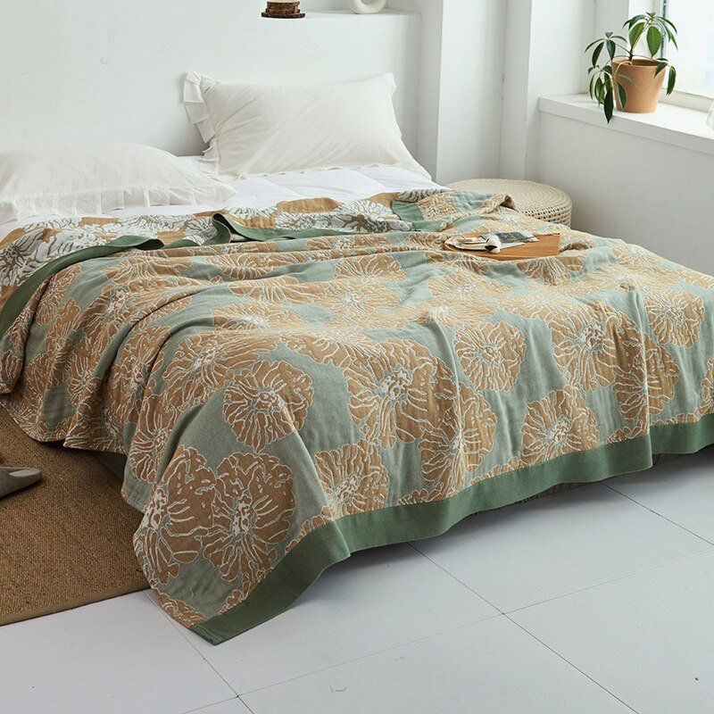 Premium Katoenen Deken met Japans Design – Elegante Warmte & Luxe Comfort voor Thuis-Blankets-DeWoonVallei-Groen + bruin met patroon-150x200cm-DeWoonVallei