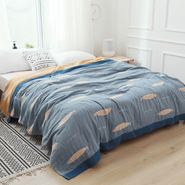Premium Katoenen Deken met Japans Design – Elegante Warmte & Luxe Comfort voor Thuis-Blankets-DeWoonVallei-Vis Blau-150x200cm-DeWoonVallei