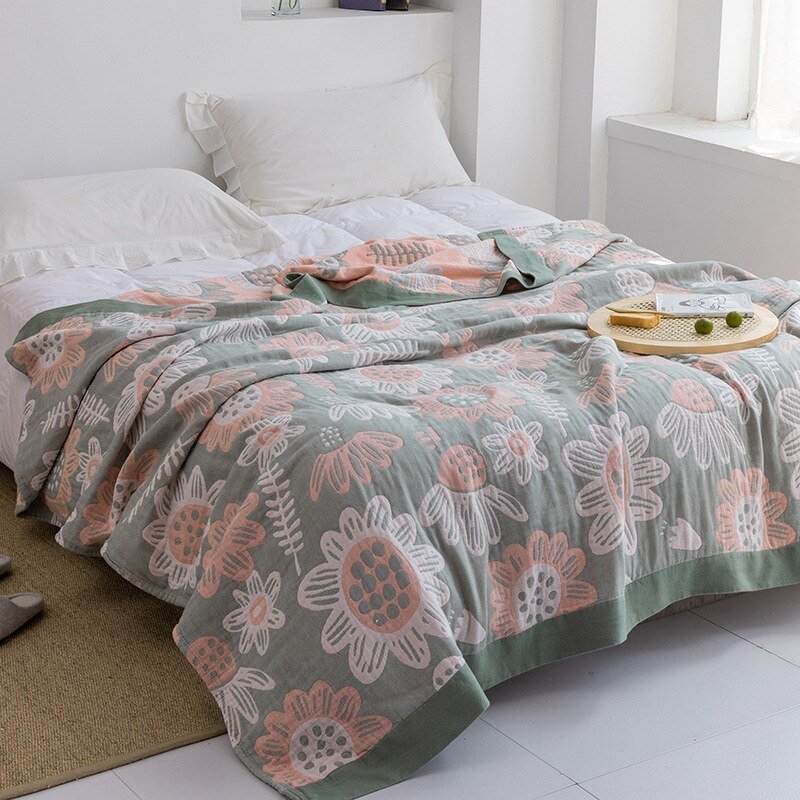 Premium Katoenen Deken met Japans Design – Elegante Warmte & Luxe Comfort voor Thuis-Blankets-DeWoonVallei-Zonnebloemen Groen + Roze-150x200cm-DeWoonVallei