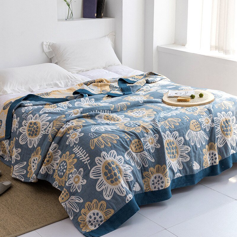 Premium Katoenen Deken met Japans Design – Elegante Warmte & Luxe Comfort voor Thuis-Blankets-DeWoonVallei-Zonnebloemen blauw + geel-150x200cm-DeWoonVallei