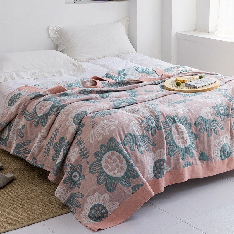 Premium Katoenen Deken met Japans Design – Elegante Warmte & Luxe Comfort voor Thuis-Blankets-DeWoonVallei-Zonnebloemen roze + blauw-150x200cm-DeWoonVallei