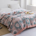 Premium Katoenen Deken met Japans Design – Elegante Warmte & Luxe Comfort voor Thuis-Blankets-DeWoonVallei-Zonnebloemen roze + blauw-150x200cm-DeWoonVallei
