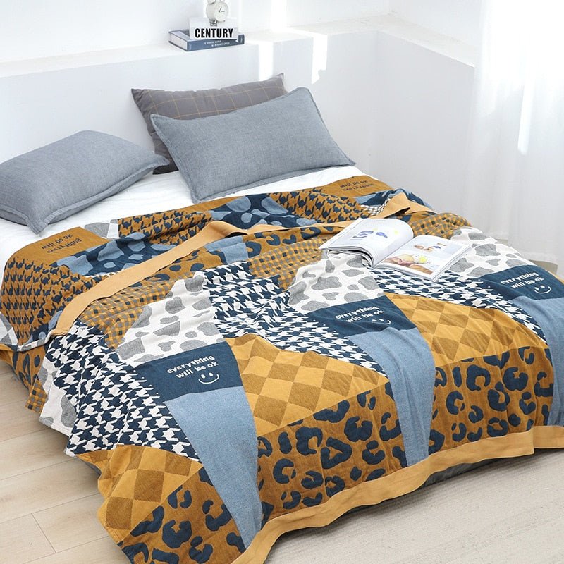 Scandinavische Boho Woondeken van Zuivere Katoen – Stijlvolle Warmte voor Bed en Bank-Blankets-DeWoonVallei-Goud + Blauw Multi-150x200cm-DeWoonVallei