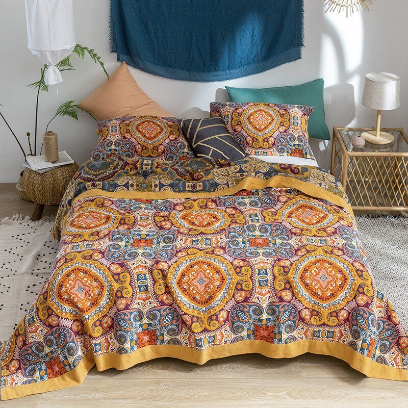 Scandinavische Boho Woondeken van Zuivere Katoen – Stijlvolle Warmte voor Bed en Bank-Blankets-DeWoonVallei-Goudkleurig bloemmotief-150x200cm-DeWoonVallei