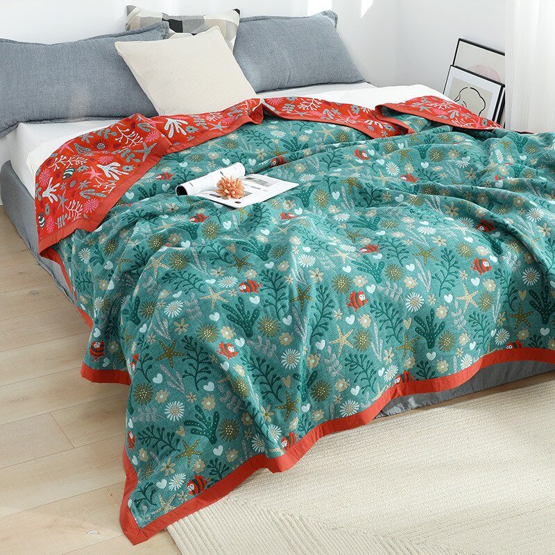 Scandinavische Boho Woondeken van Zuivere Katoen – Stijlvolle Warmte voor Bed en Bank-Blankets-DeWoonVallei-Groen bloemenmotief-150x200cm-DeWoonVallei