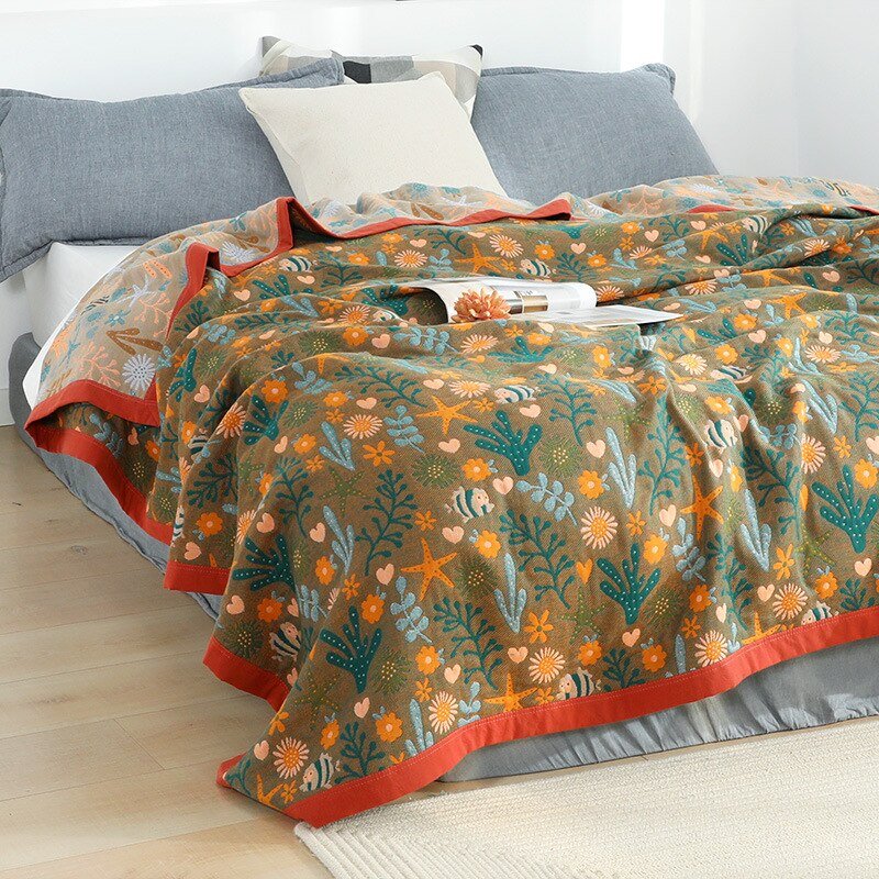 Scandinavische Boho Woondeken van Zuivere Katoen – Stijlvolle Warmte voor Bed en Bank-Blankets-DeWoonVallei-Kaki bloemenprint-150x200cm-DeWoonVallei