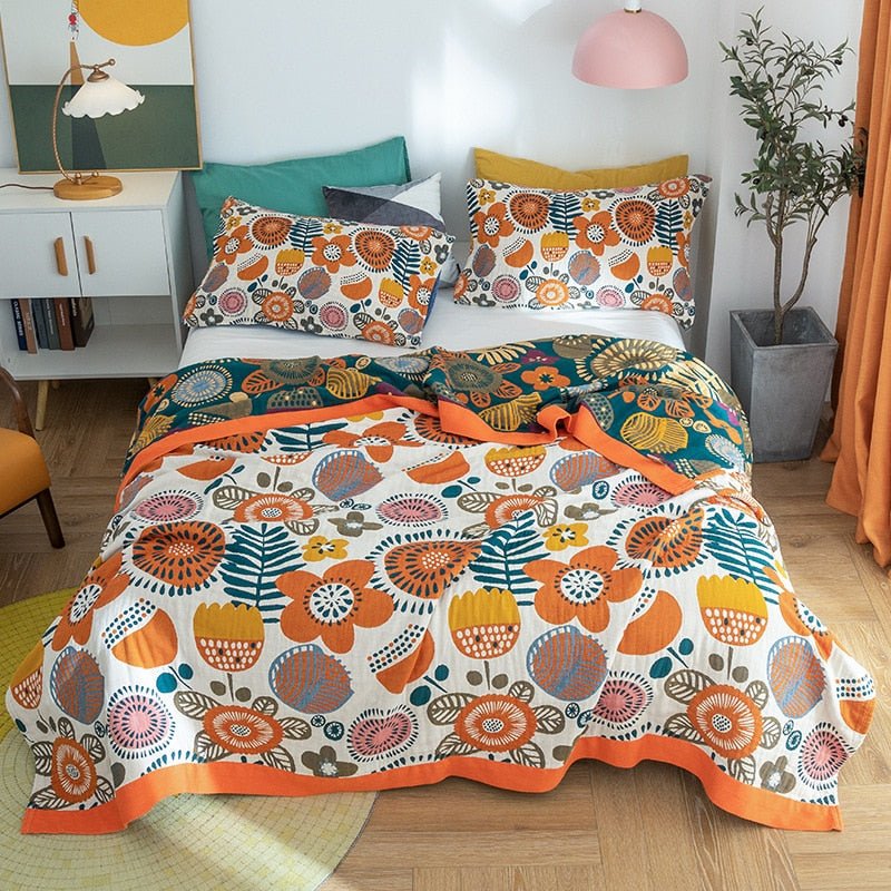 Scandinavische Boho Woondeken van Zuivere Katoen – Stijlvolle Warmte voor Bed en Bank-Blankets-DeWoonVallei-Oranje bloemen 2-150x200cm-DeWoonVallei