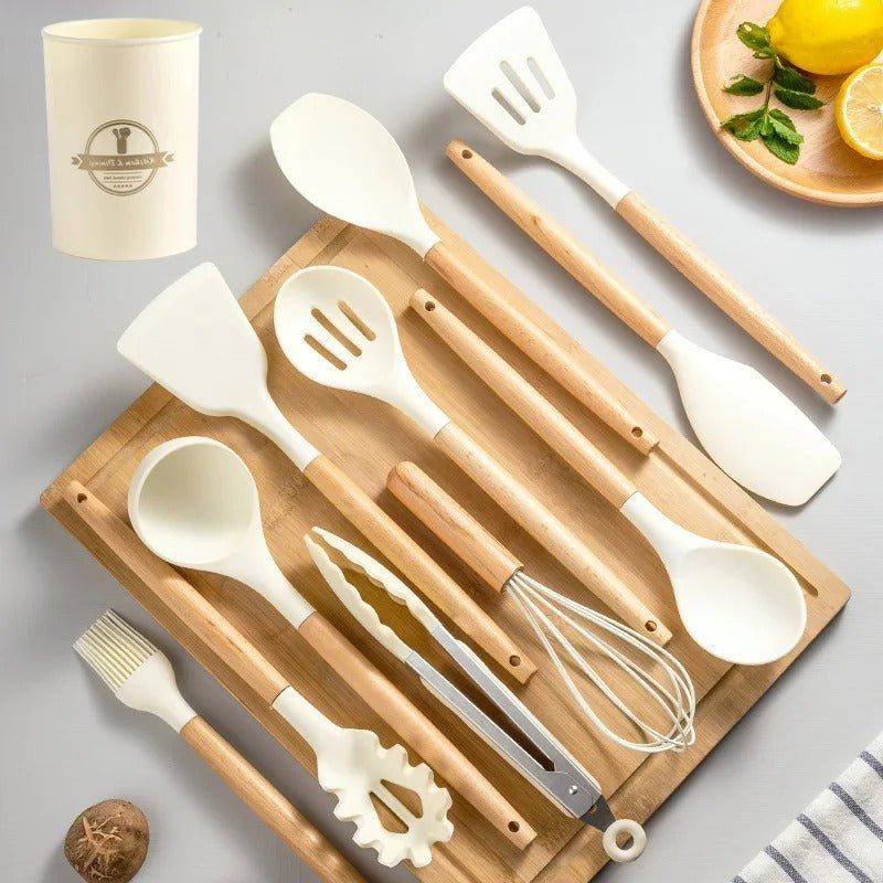 Siliconen Keukenset – BPA-vrij en Hittebestendig met Houten Handvatten-Kitchen Utensil Sets-DeWoonVallei-DeWoonVallei