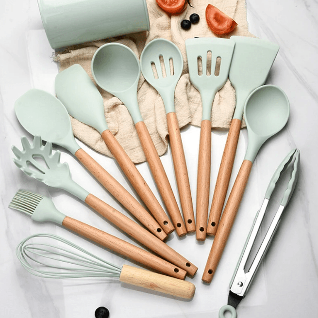 Siliconen Keukenset – BPA-vrij en Hittebestendig met Houten Handvatten-Kitchen Utensil Sets-DeWoonVallei-DeWoonVallei