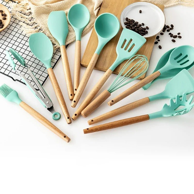 Siliconen Keukenset – BPA-vrij en Hittebestendig met Houten Handvatten-Kitchen Utensil Sets-DeWoonVallei-DeWoonVallei