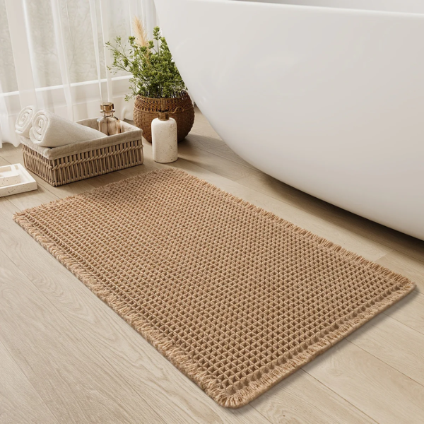 Ultra-Absorberende Wafel Badmat met Kwastjes voor Antislip Comfort-Floor mat-DeWoonVallei-43 x 61 cm-Bruin-DeWoonVallei
