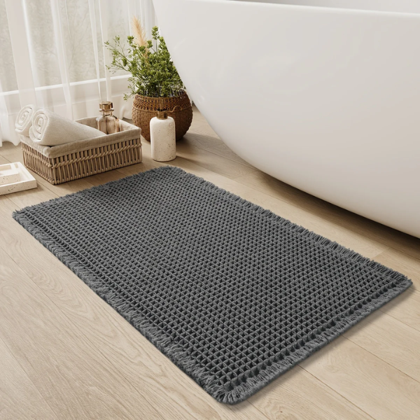 Ultra-Absorberende Wafel Badmat met Kwastjes voor Antislip Comfort-Floor mat-DeWoonVallei-43 x 61 cm-Donkergrijs-DeWoonVallei