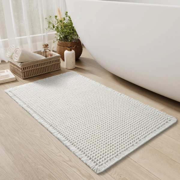 Ultra-Absorberende Wafel Badmat met Kwastjes voor Antislip Comfort-Floor mat-DeWoonVallei-43 x 61 cm-Wit-DeWoonVallei