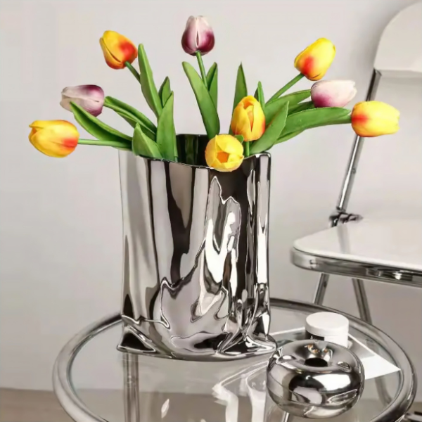 Decorative Vase in Liquid Silver Modern Sleek Design Luxury Home Accent
