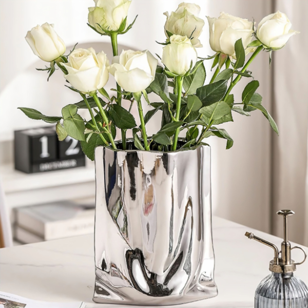 Decorative Vase in Liquid Silver Modern Sleek Design Luxury Home Accent
