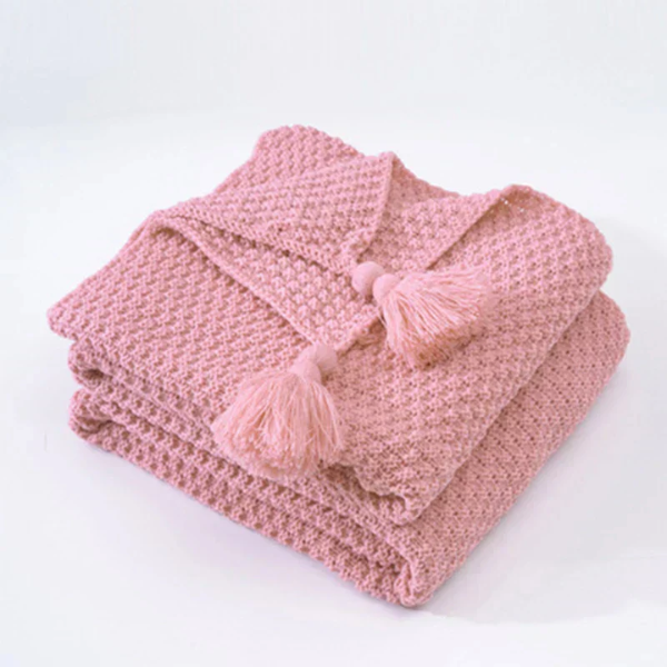 Warme Gebreide Wollen Deken met Franje Zachte Comfort-Blankets-DeWoonVallei-Medium (110x150 cm)-Roze-DeWoonVallei