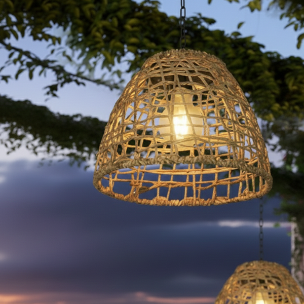 Zonne energie Belvormige Rieten Hanglamp Buiten Rustieke Warme Sfeer-Hanging Lamp-DeWoonVallei-DeWoonVallei