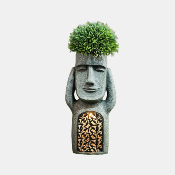 Zonnelamp Bloempot met Gezicht en LED-licht voor Artistieke Tuindecoratie-Garden Light-DeWoonVallei-horen-DeWoonVallei