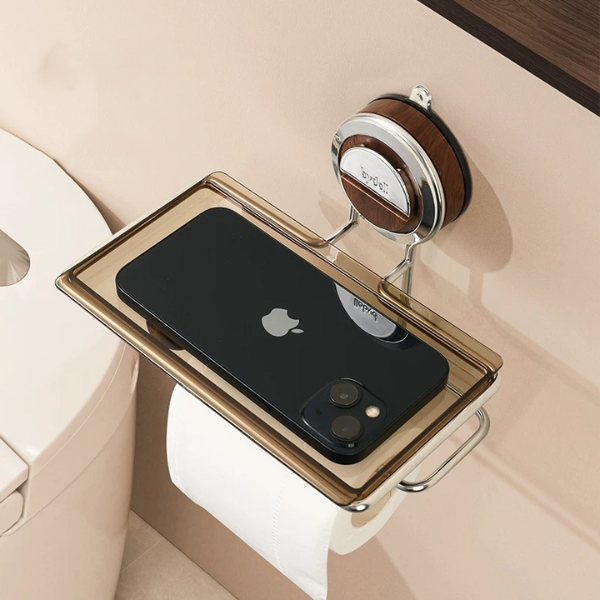 Zuignap RVS Toiletrolhouder met Houtlook Roestvrij & Gemakkelijk te Installeren-Bathroom-DeWoonVallei-Notenhout-Toiletrolhouder-DeWoonVallei